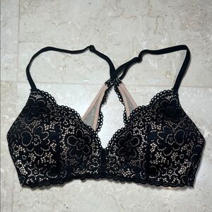AERIE Black Floral Lace over Nude Wireless Bra